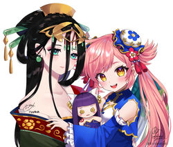  2girls absurdres artist_name bangs black_hair breasts bun_cover button_eyes character_doll cleavage closed_mouth daji_(monster_strike) detached_sleeves doll double_bun green_eyes hair_between_eyes hair_ornament highres kohanayuki long_hair looking_at_viewer monster_strike multiple_girls open_mouth pink_hair signature simple_background smile stuffed_toy tassel twitter_username white_background yellow_eyes 