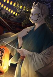  1boy alternate_costume bad_id bad_twitter_id building facing_viewer festival fox_mask grey_hair haikyuu!! hemoon holding holding_lantern japanese_clothes kimono kita_shinsuke lantern long_sleeves male_focus mask multicolored_hair night night_sky obi outdoors paper_lantern sash short_hair sky solo star_(sky) tree two-tone_hair wide_sleeves 