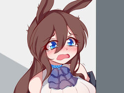  amiya_(arknights) animal_ears arknights ascot bad_id bad_pixiv_id bare_shoulders blue_ascot blue_eyes blush breasts brown_hair chinese_commentary commentary_request dior-zi female hair_between_eyes hair_down highres long_hair medium_breasts nose_blush oerba_yun_fang open_mouth rabbit_ears shirt sleeveless sleeveless_shirt solo tears trembling upper_body wavy_mouth white_shirt 