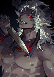  1boy animal_ears azaya_(kuroi_azaya) bara black_background bracer colored_skin glowing glowing_eyes goat_boy goat_ears goat_horns gradient_background grey_hair grey_skin grin holding holding_knife holding_weapon horizontal_pupils horns knife large_pectorals looking_at_viewer male_focus medium_hair monster_boy muscular muscular_male no_shirt nude open_mouth original pectorals red_eyes smile solo twitter_username upper_body usekh_collar weapon white_hair 