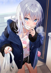  :o animal_print bag black_shorts blue_eyes blue_jacket blush can commentary day female grey_hair grocery_bag hand_on_mask highres holding holding_bag jacket kanda_done leg_up long_sleeves looking_at_viewer mask mask_pull medium_hair mouth_mask open_clothes open_door open_jacket original plastic_bag print_shirt shirt shopping_bag short_shorts shorts solo standing standing_on_one_leg white_shirt 