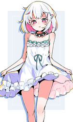  bare_arms bare_legs bare_shoulders black_collar border bright_pupils collar collarbone colored_inner_hair commentary_request dohna_dohna_issho_ni_warui_koto_o_shiyou dress drop_shadow feet_out_of_frame female frilled_dress frills green_ribbons grey_background hair_ornament heart heart_hair_ornament highres looking_at_viewer medium_hair messy_hair multicolored_hair ndamake outside_border parted_lips pink_eyes pink_hair porno_(dohna_dohna) ribbon skirt_hold solo spiked_collar spikes standing sundress white_border white_dress white_pupils 