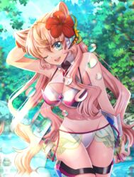  absurdres bikini bikini_skirt blue_eyes breasts cleavage female flower forest hair_ears hair_flower hair_ornament highres juan_0121 leaning_to_the_side lens_flare looking_to_the_side maria_cadenzavna_eve nature one_eye_closed outdoors red_flower senki_zesshou_symphogear senki_zesshou_symphogear_xd_unlimited smile solo swimsuit thigh_strap tree water white_bikini 