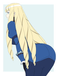  ass ass_focus back_turned big_hair black_gloves blonde_hair blue_dress blue_eyes commentary cosplay dianna_soreil dress drill_hair female frilled_dress frills gasora gloves gundam highres kihel_heim kihel_heim_(cosplay) photoshop_(medium) smile turn_a_gundam 