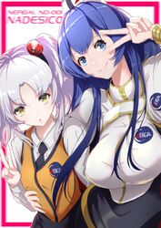  2girls :o arm_around_waist black_necktie blue_eyes blue_hair breasts flat_chest hair_between_eyes hat highres hoshino_ruri kidou_senkan_nadesico looking_at_viewer medium_breasts misumaru_yurika multiple_girls necktie open_mouth parted_bangs sakusakusakurai twintails uniform v white_hair yellow_eyes 