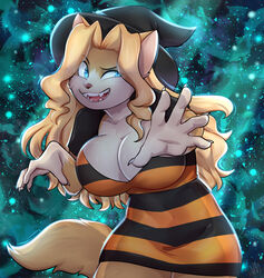  2022 5_fingers abstract_background anthro big_breasts black_clothing black_hat black_headwear black_nose blonde_hair blue_eyes breasts brown_body brown_fur cheese_quesadilla clothing digital_media_(artwork) felid female fingers fur hair hat headgear headwear hi_res looking_aside magic_user mammal orange_clothing pattern_clothing smile solo striped_clothing stripes villmix witch witch_hat 