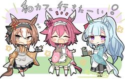  3girls alternate_costume animal_ears azukimame blue_hair blush brown_hair chibi closed_eyes commentary_request horse_ears horse_girl horse_tail looking_at_viewer maid mejiro_ardan_(umamusume) multiple_girls pink_hair sakura_chiyono_o_(umamusume) tail thighhighs umamusume wa_maid white_background yaeno_muteki_(umamusume) 