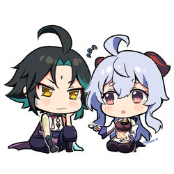  1boy ahoge bell blue_hair blush blush_stickers bow chibi closed_mouth cowbell feeding female food forehead_jewel ganyu_(genshin_impact) genshin_impact green_hair hairbow half-closed_eyes highres horns open_mouth purple_eyes sasha_chii simple_background smile spoon sweatdrop tattoo tofu white_background xiao_(genshin_impact) yellow_eyes 