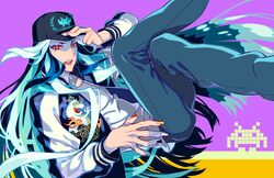  1boy adjusting_clothes adjusting_headwear alternate_costume androgynous aqua_hair aqua_nails azuma_toh baseball_cap black_pants blue_hair blue_nails contemporary eyeshadow fate/grand_order fate_(series) feet_out_of_frame fingernails forehead_jewel hat jacket long_hair makeup male_focus multicolored_hair open_clothes open_jacket orange_eyes orange_nails pants red_eyeshadow red_nails sharp_fingernails shi_huang_di_(fate) shirt smile solo streaked_hair very_long_hair white_hair white_nails white_shirt 