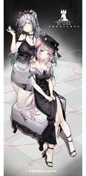  2girls absurdres alternate_costume alternate_hairstyle alver animal_ear_fluff animal_ears arknights bare_legs bare_shoulders black_bow black_choker black_dress black_flower black_footwear black_headwear black_rose bow breasts cat_ears ceylon_(arknights) character_name choker cleavage closed_mouth collarbone copyright_name corrupted_metadata dotted_background doughnut_hair_bun dress ear_piercing flower full_body hair_bun hair_flower hair_ornament hand_mirror hand_on_another&#039;s_shoulder hat hat_bow high_heels highres holding holding_mirror jewelry looking_at_mirror looking_at_viewer medium_breasts mirror multiple_girls multiple_rings off-shoulder_dress off_shoulder own_hands_together pelvic_curtain piercing pillarboxed pink_hair ponytail rhodes_island_logo_(arknights) ring rose sandals schwarz_(arknights) see-through short_hair single_hair_bun single_side_bun sitting sleeveless sleeveless_dress smile stool strappy_heels swept_bangs tile_floor tiles toeless_footwear toes yellow_eyes 