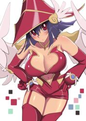  absurdres apple_magician_girl bare_shoulders blush breasts cleavage duel_monster elbow_gloves female gloves hat highres large_breasts looking_at_viewer navel purple_hair red_eyes ryou_(cagw5223) short_hair solo thigh_strap thighhighs wings witch_hat yu-gi-oh! 