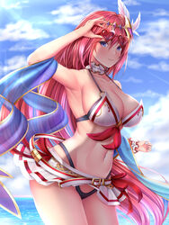  alexiel_(summer)_(granblue_fantasy) bare_shoulders bikini black_bikini blue_eyes blue_sky blush breasts cleavage feather_hair_ornament feathers female godsworn_alexiel granblue_fantasy hair_between_eyes hair_ornament heart heart-shaped_eyewear highres large_breasts layered_bikini long_hair looking_at_viewer melopun microskirt ocean outdoors red_hair sash skirt sky solo sunglasses swimsuit very_long_hair wading white_bikini 