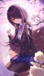  absurdres black_hair black_jacket black_pantyhose blazer blue_skirt blush breasts cherry_blossoms collared_shirt date_a_live female gore_(white_gore) hair_over_one_eye hair_over_shoulder highres jacket long_hair looking_at_viewer low_twintails medium_breasts neck_ribbon outdoors pantyhose pleated_skirt red_eyes ribbon shirt sidelocks sitting skirt smile solo tokisaki_kurumi twintails white_shirt wind 