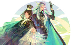  2boys alternate_costume androgynous aqua_hair azuma_toh black_gloves blue_hair chinese_clothes chinese_hat expressionless eyeshadow fate/grand_order fate_(series) feather_fan feet_out_of_frame forehead_jewel formal gloves hat long_hair looking_at_viewer makeup male_focus multicolored_hair multiple_boys orange_eyes red_eyeshadow shi_huang_di_(fate) sidelocks smile streaked_hair very_long_hair waver_velvet white_hair 