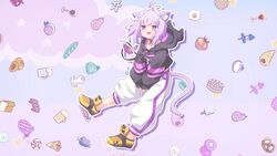  ahoge animal_ears cat_ears cat_girl choker drawstring female food-themed_background highres hololive hood hoodie nekomata_okayu nekomata_okayu_(1st_costume) oerba_yun_fang open_mouth pants pixelated ponono purple_eyes purple_hair shoes short_hair sneakers tail virtual_youtuber 