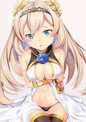  arm_under_breasts azur_lane bare_shoulders black_panties black_thighhighs blonde_hair blue_eyes blue_flower blue_rose blush breasts center_opening chains cleavage collarbone commentary_request cosplay cowboy_shot dress female flower from_above gold_chain gold_trim groin hair_between_eyes hairband halterneck highres historical_name_connection kantai_collection large_breasts laurel_crown long_hair looking_at_viewer name_connection navel open_mouth panties revealing_clothes ribbon rose showgirl_skirt sidelocks simple_background sitting sleeveless sleeveless_dress solo stomach thigh_gap thighhighs tiara underwear victorious_(azur_lane) victorious_(azur_lane)_(cosplay) victorious_(kancolle) white_background white_dress wrist_ribbon yasume_yukito 