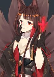  akagi_(azur_lane) animal_ears azur_lane black_gloves blunt_bangs breasts brown_hair cleavage commentary_request crazy_eyes crazy_smile e_draw_paint eyeshadow female fire fox_ears fox_girl fox_tail gloves hair_tubes hand_on_own_cheek hand_on_own_face highres japanese_clothes kitsune kyuubi long_hair long_sleeves looking_at_viewer makeup multiple_tails red_eyes shikigami sidelocks simple_background smile smirk solo tail wide_sleeves 