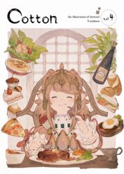  blush bottle brown_hair cake closed_eyes commentary_request cupcake eating egg female final_fantasy final_fantasy_xiv food fork highres junwool knife lalafell lettuce long_hair nanamo_ul_namo pizza pointy_ears sandwich smile solo steak strawberry_shortcake upper_body 