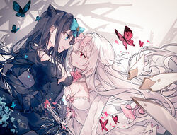  2girls arcaea black_dress black_hair blue_bow blue_butterfly blue_eyes bow breasts bug butterfly cleavage commentary cone_hair_bun cowboy_shot dress english_commentary from_side hair_bun hairbow highres hikari_(arcaea) hikari_(fatalis)_(arcaea) long_hair looking_at_another medium_breasts miyu_(miy_u1308) multiple_girls pink_bow red_butterfly red_eyes sidelocks simple_background tairitsu_(arcaea) tairitsu_(tempest)_(arcaea) white_background white_dress white_hair 