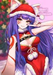  animal_ear_fluff animal_ears artist_name bangs blurry blurry_background breasts christmas_tree cleavage_cutout clothing_cutout daji_(monster_strike) dress ears_through_headwear eyeshadow facial_mark female fox_shadow_puppet fur_trim hand_up hat highres kohanayuki long_hair makeup medium_breasts merry_christmas monster_strike nail_polish open_mouth pom_pom_(clothes) purple_hair reaching_out red_dress red_headwear red_nails selfie signature smile solo yellow_eyes 