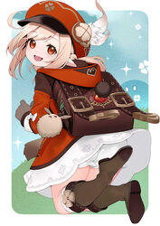  :d ahoge backpack bag bag_charm belt bloomers boots brown_footwear brown_gloves brown_scarf cabbie_hat charm_(object) clover_print coat commentary dodoco_(genshin_impact) e_draw_paint female from_behind genshin_impact gloves hair_between_eyes hat hat_feather hat_ornament head_tilt hood hooded_coat jumping klee_(genshin_impact) knee_boots kneehighs light_brown_hair long_hair long_sleeves looking_at_viewer looking_back low_twintails open_mouth pocket pointy_ears randoseru red_coat red_eyes red_headwear scarf sidelocks simple_background slime_(genshin_impact) smile socks twintails two-tone_background underwear vision_(genshin_impact) 