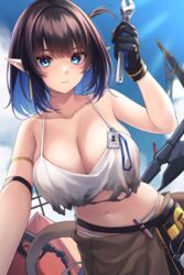  absurdres arknights arm_strap arm_support bare_shoulders black_gloves black_hair blue_eyes blue_hair blue_sky breasts brown_pants camisole cleavage closed_mouth cloud collarbone colored_inner_hair commentary crop_top crop_top_overhang day earrings eunectes_(arknights) eunectes_(forgemaster)_(arknights) female gloves hand_up highres holding holding_wrench jewelry large_breasts looking_at_viewer midriff multicolored_hair nameko_houshi navel official_alternate_costume one_side_up outdoors pants pointy_ears short_hair sidelocks sky snake_tail solo standing tail tool_belt white_camisole wrench 