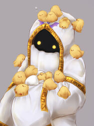  1boy animal_on_head animal_on_shoulder beak bird bird_on_hand bird_on_head bird_on_shoulder chick cloak commentary_request egg feathers glowing glowing_eyes gold_trim highres holding holding_egg hood hyness kirby:_star_allies kirby_(series) long_sleeves looking_to_the_side lying male_focus mouth_veil mukurou-rukb on_back on_head simple_background sleeping sleeves_past_fingers sleeves_past_wrists solo veil very_long_sleeves white_cloak white_hood yellow_eyes yellow_feathers 