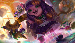  :d alternate_costume apron bell blonde_hair bow bowtie cafe_cuties_(league_of_legends) croissant cupcake dress female food full_body green_bow green_bowtie green_eyes highres holding holding_tray league_of_legends lulu_(league_of_legends) monkae_(m0nkaeee) multicolored_hair neck_bell purple_dress purple_hair red_lips shoes smile solo tray two-tone_hair waist_apron white_apron window yordle 