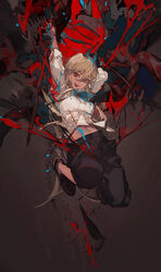  absurdres arms_up bad_id bad_twitter_id blonde_hair blood blood_devil_(chainsaw_man) blood_on_hands breasts chainsaw_man ciloranko collared_shirt cross-shaped_pupils demon_girl demon_horns dress_shirt female floating full_body hair_between_eyes hemokinesis highres horns knees_up long_hair long_sleeves medium_breasts necktie open_mouth pants power_(chainsaw_man) red_eyes red_horns sharp_teeth shirt shoes smile solo symbol-shaped_pupils teeth white_shirt 