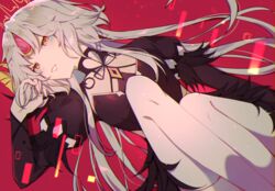  adjusting_hair android bad_id bad_pixiv_id black_dress black_feathers breasts code:_antithese_(elsword) commentary crown dark_persona dress electricity elsword english_commentary eve_(elsword) eyes_visible_through_hair facial_mark feather_trim feathers female fingernails forehead_jewel grin half-closed_eyes hand_in_own_hair highres jewelry juliet_sleeves long_hair long_sleeves looking_at_viewer looking_down puffy_sleeves rakusebun rectangle red_background robot sitting small_breasts smile solo teeth thighs wavy_hair white_hair white_legwear yellow_eyes 