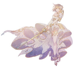  a082 armor blonde_hair bracelet breasts brown_eyes cleavage commentary_request djeeta_(granblue_fantasy) dress female flower glorybringer_(granblue_fantasy) granblue_fantasy hair_flower hair_ornament high_heels jewelry long_sleeves looking_at_viewer shoulder_armor simple_background solo sword thighhighs weapon white_dress white_thighhighs 