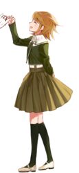  16_(0xhsk16) 1boy 1other :d arm_behind_back blush brown_hair brown_legwear closed_eyes danganronpa:_trigger_happy_havoc danganronpa_(series) from_side fujisaki_chihiro green_jacket green_ribbons grey_background grey_footwear hand_up happy jacket kneehighs korean_commentary long_sleeves male_focus neck_ribbon open_mouth otoko_no_ko pleated_skirt profile protected_link ribbon shoes short_hair simple_background skirt smile socks solo_focus standing 