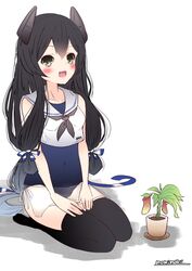  absurdres black_hair black_thighhighs crop_top female full_body green_eyes grey_neckerchief hair_ribbon headgear highres i-47_(kancolle) kantai_collection long_hair low-tied_long_hair momimaki neckerchief one-piece_swimsuit plant potted_plant ribbon sailor_collar sailor_shirt school_swimsuit see-through see-through_skirt seiza shirt sidelocks simple_background sitting skirt sleeveless sleeveless_shirt solo swimsuit thighhighs tress_ribbon white_background white_sailor_collar 