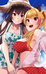  .live 2girls amamiya_ui animal_ears ass bikini blonde_hair blush breasts brown_hair commentary_request fake_animal_ears hair_between_eyes hairband highres idol large_breasts long_hair multicolored_hair multiple_girls nekonoki_mochi open_mouth outdoors red_eyes side_ponytail smile streaked_hair swimsuit very_long_hair virtual_youtuber yaezawa_natori 