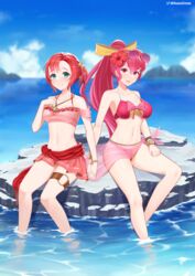  2girls alternate_costume bare_shoulders bikini blue_eyes blush breasts cleavage collarbone commission english_commentary eyewear_on_head fire_emblem fire_emblem:_mystery_of_the_emblem fire_emblem:_shadow_dragon fire_emblem_heroes flower grin hibiscus highres holding_hands medium_breasts multiple_girls navel nervous_smile nessu_(nnn07897) norne_(fire_emblem) norne_(summer)_(fire_emblem) ocean official_alternate_costume outdoors phina_(fire_emblem) pink_bikini pink_hair ponytail red_hair rock sitting sitting_on_rock small_breasts smile sunglasses swimsuit twitter_username 