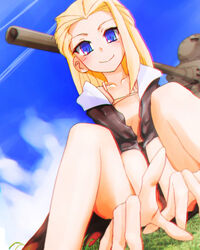  black_hoodie blonde_hair blue_eyes clara_(girls_und_panzer) closed_mouth commentary contrail dutch_angle female foreshortening girls_und_panzer grass highres hood hood_down hoodie is-2 long_hair looking_at_viewer military military_vehicle minorihoujouakino motor_vehicle open_clothes open_hoodie short_sleeves sitting smile solo tank 