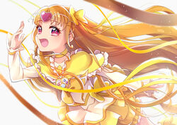  :d absurdres agura_dou backlighting bad_id bad_pixiv_id bow brooch bubble_skirt choker circlet cowboy_shot cure_muse_(yellow) earrings female frills hairbow heart heart_earrings highres jewelry leaning_forward long_hair looking_at_viewer magical_girl neckerchief open_mouth orange_hair pink_eyes precure shirabe_ako signature simple_background skirt smile solo suite_precure white_background yellow_bow yellow_choker yellow_neckerchief yellow_skirt yellow_theme 