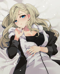  ariko_youichi black_jacket blonde_hair blue_eyes blush breasts cleavage collarbone commission female hood hoodie jacket long_hair lying on_back on_bed open_clothes open_jacket parted_lips partially_unzipped persona persona_5 pink_nails skeb_commission sleeves_rolled_up solo swept_bangs takamaki_anne twintails white_hoodie 