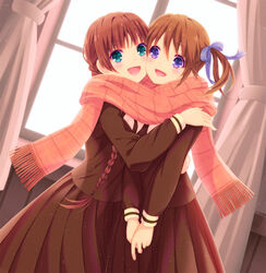  2girls braid brown_hair cheek-to-cheek curtains frilled_scarf fukuzawa_yumi green_eyes hand_on_another&#039;s_shoulder heads_together hug iizuka_ena lillian_girls&#039;_academy_school_uniform maria-sama_ga_miteru multiple_girls open_mouth purple_eyes ribbon scarf school_uniform serafuku shared_clothes shared_scarf shimazu_yoshino skirt twin_braids twintails valentine window yuri 