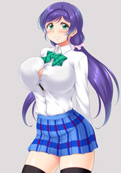  black_bra blue_skirt blush bra bra_peek bra_visible_through_clothes breasts female green_eyes grin hair_ornament highres large_breasts love_live! love_live!_school_idol_project low_twintails otonokizaka_school_uniform purple_hair school_uniform shirt skirt smile solo thighhighs tojo_nozomi twintails underwear utomo white_shirt winter_uniform 