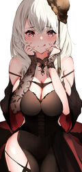  :q absurdres azur_lane bare_shoulders black_dress black_headwear blush breasts cleavage closed_mouth commentary crossed_bangs dress female heart heart-shaped_pupils highres itete large_breasts looking_at_viewer luetzow_(azur_lane) luetzow_(everlasting_blood_banquet)_(azur_lane) medium_hair official_alternate_costume red_eyes sideboob simple_background smile solo symbol-shaped_pupils tongue tongue_out white_background white_hair 