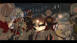  2boys 6+girls ^_^ anthuria armor bird black_gloves black_pants blonde_hair blue_hair blue_headwear blush bottle breastplate brown_hair capelet champagne_flute chicken christmas christmas_tree closed_eyes coffee_pot commentary cup djeeta_(granblue_fantasy) dragon draph dress drinking_glass elbow_gloves fingerless_gloves glint gloves granblue_fantasy hanging_lantern hat holding holding_bottle holding_cup horns hug iwashi_(morpho000) lamretta letterboxed lily_(granblue_fantasy) long_hair lucio_(granblue_fantasy) lyria_(granblue_fantasy) mahira_(granblue_fantasy) multiple_boys multiple_girls outdoors pants pengy_(granblue_fantasy) red_dress red_hair robot sandalphon_(granblue_fantasy) santa_costume santa_hat short_hair standing symbol-only_commentary veil vyrn_(granblue_fantasy) waist_cape white_dress white_hair white_headwear wings 