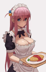  apron black_bow blue_eyes bocchi_the_rock! bow breasts cleavage closed_mouth cube_hair_ornament detached_collar female food frilled_apron frills gotoh_hitori hair_ornament highres holding holding_plate ketchup large_breasts looking_at_viewer maid maid_headdress official_alternate_costume omelet omurice plate revision short_sleeves simple_background solo sweat white_background zefrableu 