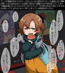  ahoge akigumo_(kancolle) bag blush brown_hair commentary_request enemy_lifebuoy_(kancolle) exit_sign female green_eyes green_sweater hair_ribbon holding jaggy_lines kaeruyama_yoshitaka kantai_collection long_hair long_sleeves looking_at_viewer makigumo_(kancolle) mole mole_under_eye official_alternate_costume open_mouth orange_skirt ponytail poster_(object) ribbon shark skirt sweater translation_request very_long_hair 