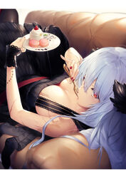  absurdres alternate_costume bare_shoulders black_dress black_legwear blue_hair breasts cake cleavage couch dabuki dress eyes_visible_through_hair female food fork girls&#039;_frontline hair_between_eyes hair_ornament highres holding holding_fork holding_plate large_breasts looking_at_viewer lying macaron nail_polish official_alternate_costume on_back pantyhose plate red_eyes red_nails scar solo staple thunder_(black_swan&#039;s_dream)_(girls&#039;_frontline) thunder_(girls&#039;_frontline) utensil_in_mouth white_hair wristband 