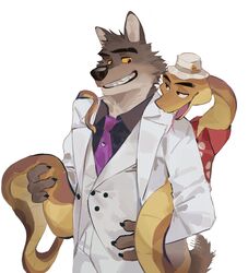  absurd_res anthro canid canine canis clothing dreamworks duo feral fur hat headgear headwear hi_res hug male mammal mr._snake_(the_bad_guys) mr._wolf_(the_bad_guys) open_mouth reptile scales scalie seatohao snake suit the_bad_guys wolf wrapped 