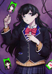  absurdres black_hair black_jacket blazer blue_eyes bow bowtie braid brown_cardigan cable cardigan cellphone collared_shirt commentary female french_braid g9_(jiiku) hair_ornament hairclip highres jacket long_hair looking_at_viewer lying nazono_mito nijisanji on_back on_floor parted_lips phone pink_bow pink_bowtie plaid plaid_skirt school_uniform serial_experiments_lain shirt skirt smartphone solo tsukino_mito tsukino_mito_(1st_costume) upper_body virtual_youtuber white_shirt 