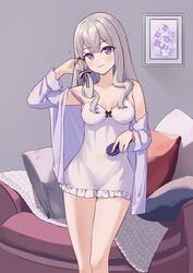  absurdres adjusting_hair azur_lane bare_shoulders blush breasts breasts_apart chair collarbone female grey_hair hair_brush hair_ribbon head_tilt heterochromia highres holding holding_brush indoors light_smile looking_at_viewer murmansk_(azur_lane) murmansk_(sceneries_of_pure_snow)_(azur_lane) nightgown official_alternate_costume picture_frame pillow ping_zhong_yu purple_eyes ribbon sidelocks small_breasts solo white_nightgown 