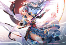  alice_jing arm_guards armor bird blue_eyes blue_skirt blunt_bangs breastplate choker collarbone commentary crane_(animal) female floral_print genshin_impact grey_hair hair_ribbon holding holding_weapon japanese_clothes kamisato_ayaka kamisato_clan_(emblem) knee_up long_hair looking_to_the_side mistsplitter_reforged_(genshin_impact) ribbon signature skirt solo sword tassel weapon 