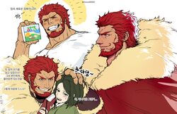  2boys absurdres bad_id bad_twitter_id beard blush cape collage facial_hair fate/zero fate_(series) from_side fur-trimmed_cape fur_trim highres iskandar_(fate) korean_commentary korean_text large_pectorals leather male_focus multiple_boys multiple_views muscular muscular_male official_alternate_costume pectorals profile red_cape red_eyes red_hair shirt sigppang_(2shot00002) smile t-shirt translation_request upper_body waver_velvet white_shirt 